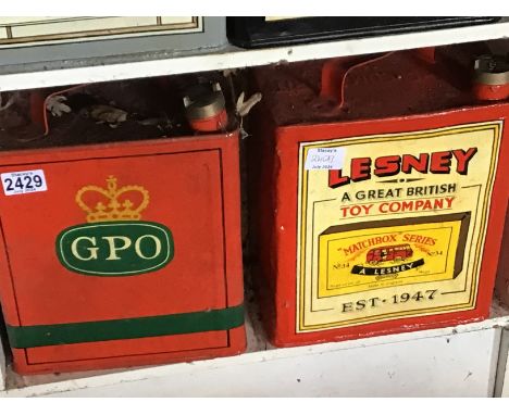 Two Vintage hand painted Petroleum cans advertising GPO and Lesney Toy company (2)