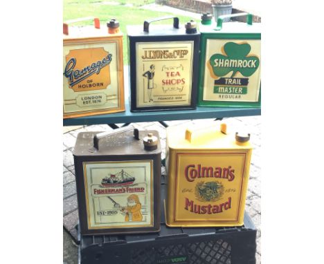 A collection of five Vintage Petroleum cans hand painted advertising ware Colmans Shamrock Gamages JLyons Tea shop and Fisher