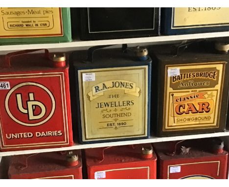 Three Vintage hand painted advertising ware Petroleum cans Battlesbridge Classic car Show RA Jones Jewellery and united Dairi