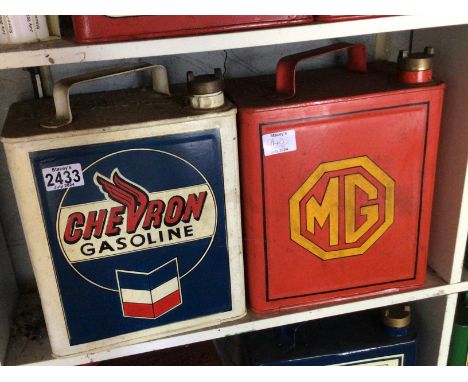 Two Vintage hand painted Petroleum cans MG Car and Chevron Gasoline (2)