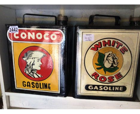Two Vintage hand painted Petroleum cans Conoco Gasoline and White Rose Gasoline (2)