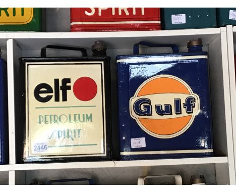 Two Vintage hand painted Petroleum Cans Elf petroleum spirit and Gulf (2)