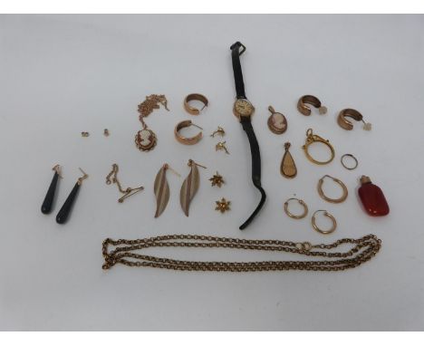 A collection of antique gold and yellow metal jewellery. Including a 9ct gold Tissot ladies watch, gold cameo pendant, gold h