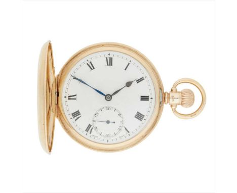 A 9ct gold cased gentleman's pocket watch white enamel dial with Roman numerals, subsidiary seconds dial, full hunting case w