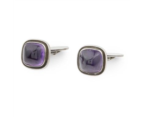 A pair of amethyst cufflinks, Harald Neilson for Georg Jensen each squared terminal set with an amethyst sugarloaf-cabochon, 