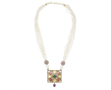 An Indian beryl, ruby and diamond set pendant necklace rectangular, with foiled oval mixed-cut beryls and table-cut diamonds,