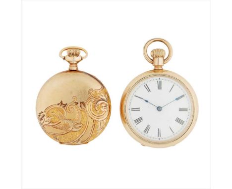 A 14k fob watch and a gilt cased fob watch the 14k watch with C-scroll engraved case, the enamel dial with Arabic numerals, a