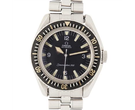 A rare mid-20th century stainless steel wrist watch, Omega Seamaster 300, black rotating bezel, black dial, luminous baton in