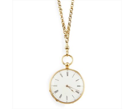 A mid-19th century French gold and enamelled fob watch and a chain the watch open faced and key wind, white enamel dial with 