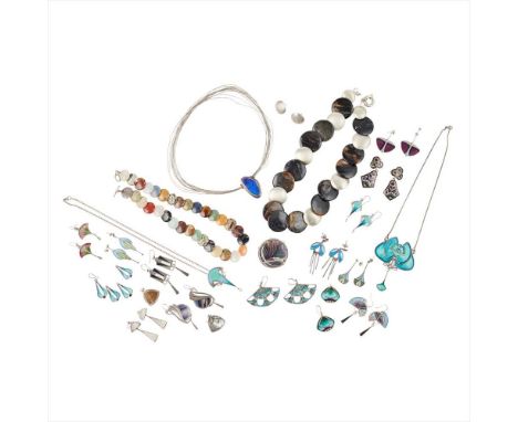 A collection of enamel jewellery to include various pendant earrings, necklaces and brooches, all of stylised enamel foliate 