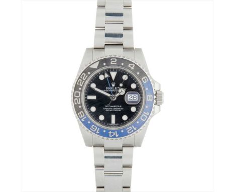 A gentleman's stainless-steel chronograph, Rolex GMT Master II, 'Batman' black dial, sweep second hand, date aperture, black/