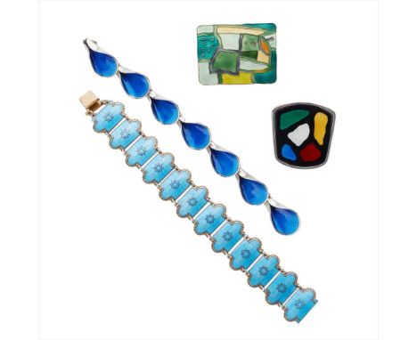 A collection of enamelled jewellery to include a light blue enamel bracelet with shaped rectangular links by Bernad Meldahl, 