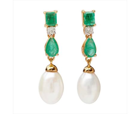 A pair of emerald, diamond and pearl set pendant earrings each claw set with a rectangular mixed-cut emerald, suspending a ro