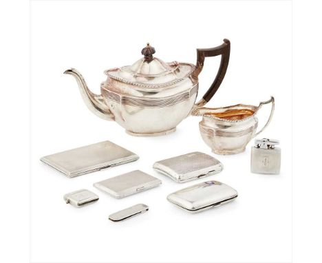 A mixed group of silver to include; a teapot and matching milk jug, Barker Brothers, Chester 1909, of shaped oval form, ribbe