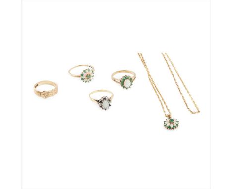 A collection of gem-set jewellery to include an opal and emerald set pendant necklace and matching ring, stamped 9k; a 9ct go