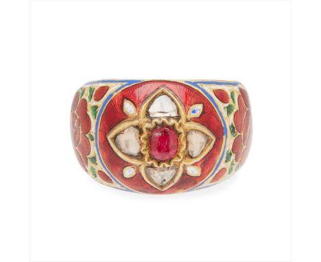 An Indian enamelled ring collet set with an oval ruby cabochon in a star border of trillion shape rose-cut diamonds, the shou