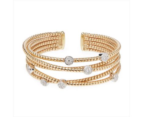 A modern multi-strand diamond set bangle composed of five overlapping woven sprung strands, each pavé set with round-cut diam