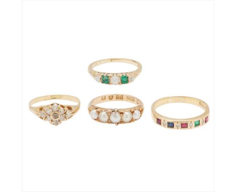 A collection of gem set rings to include an 18ct gold pearl set ring; an emerald and diamond set ring, stamped 18ct; a diamon