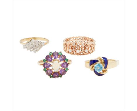 A collection of gem-set rings to include a diamond set cluster ring with faint hallmarks to inside of shank, an opal, amethys