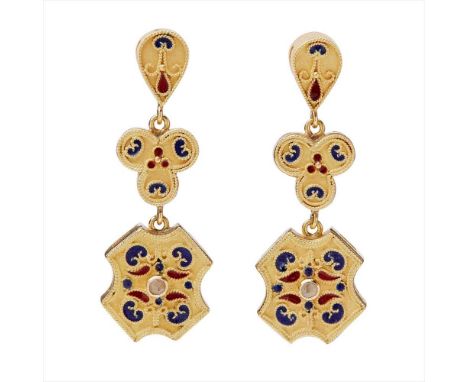 A pair of enamel and diamond set pendant earrings composed of three shaped panel links, with blue and red enamel detail throu