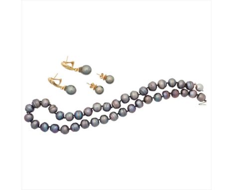 A part suite of Tahitian pearl jewellery to include a single strand of off-round purpleish-black pearls, to a white metal bal