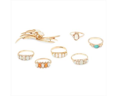 Y A collection of jewellery to include a foliate spray brooch, claw set with two oval opal cabochons, in a surround of five r