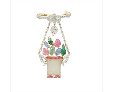 A multi-gem set tutti-frutti giardinetto brooch the basket composed of cross hatched rock crystal with a ruby and diamond set