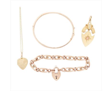 A collection of jewellery to include a Victorian coral and pearl set shield pendant, with French control marks; together with