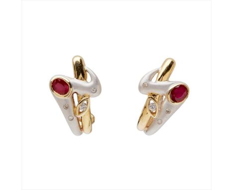 A pair of ruby and diamond set earrings of bi-coloured scrolling design, collet set with an oval-cut ruby and four round bril