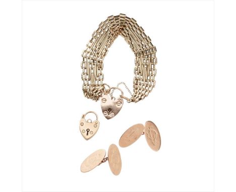 A 9ct gold gatelink bracelet composed of oval links, with a 9ct heart padlock; together with another 9ct heart padlock and a 