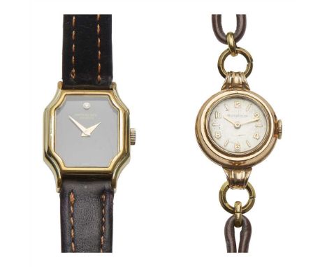 A lady's 9ct gold cased wrist watch, Jaeger LeCoultre mid-20th century, plain stepped gold case, dial with Arabic and baton i