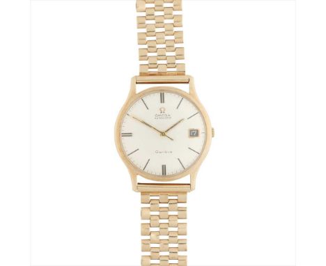 A gentleman's 9ct gold wrist watch, Omega Geneve, plain silvered dial, date aperture with sweep second hand, baton indicators