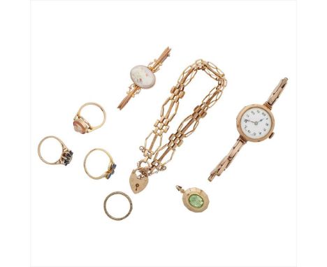 A 9ct gold gate-link bracelet of broad open design, to a 9ct gold heart-shaped padlock clasp; together with a cameo brooch st