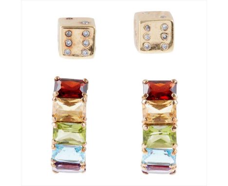 A pair of multi-gem set earrings each of half hoop form, claw set with various fancy rectangular-cut gems, including topaz, a