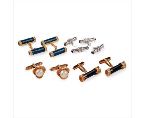 A collection of gentleman's cufflinks to include a pair of 18ct white gold cufflinks, the batons with cabochon sapphire set t