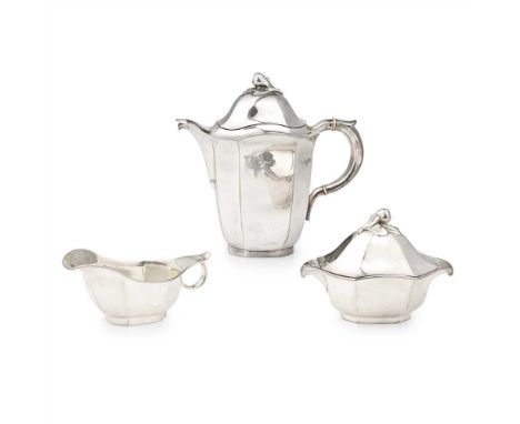 Y A Swedish three piece coffee service Guldsmedsaktiebolaget, Stockholm 1948, comprising coffee pot, cream jug and lidded sug