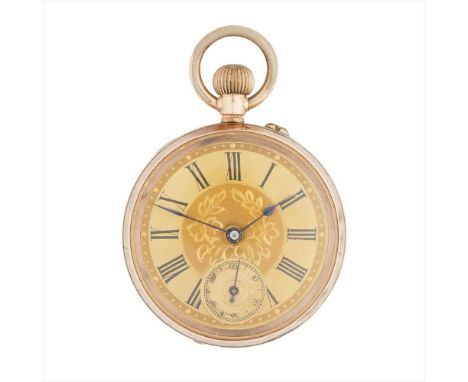A Victorian 9ct gold cased pocket watch open faced, keyless wind, gilt dial with Roman numerals, subsidiary seconds hand, eng