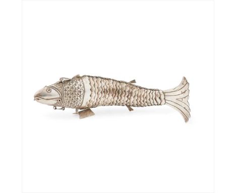 A continental novelty snuff box modelled as a fish, the articulated body with simulated engraved scales, the hinged head lid 