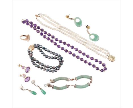 A collection of gem set jewellery to include a pair of amethyst set pendant earrings, to post and butterfly fittings stamped 