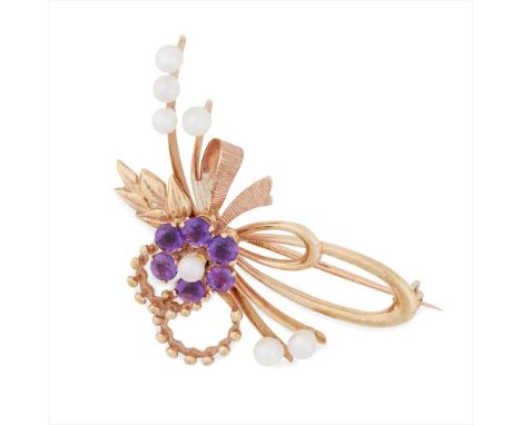 A 9ct gold amethyst and Scottish pearl set brooch modelled as a floral spray, set throughout with small freshwater Scottish p
