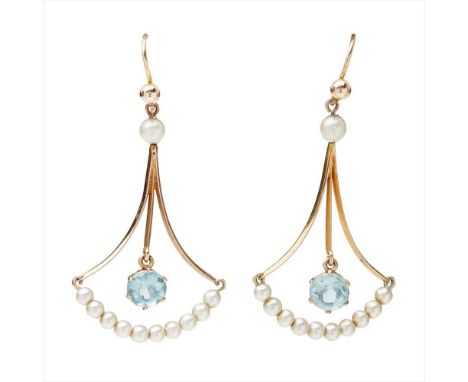 A pair of Edwardian aquamarine and pearl set pendant earrings each modelled as a fan, the central knife bar claw set with a r