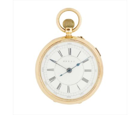 An 18ct gold cased pocket watch open faced, keyless wind, with white enamel dial, principal Roman numerals, dial numbered 682