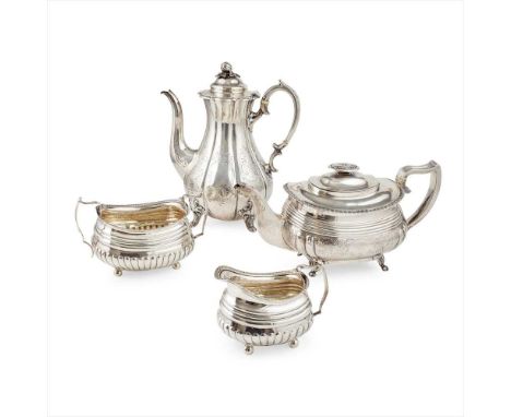 A Victorian water pot and a matched three piece tea servcie WH, (possibly William Hunter), London 1863, of lobed baluster for