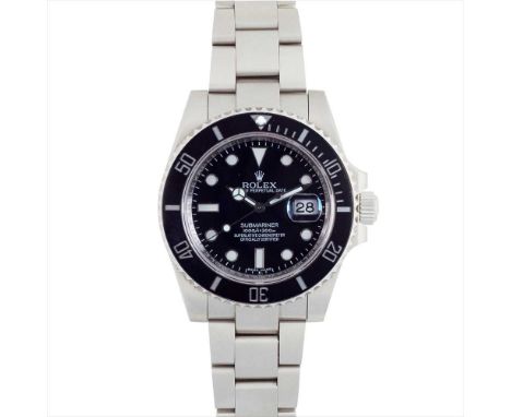 A gentleman's stainless-steel wrist watch, Rolex Submariner, black omni-directional rotating bezel and dial, sweep second han