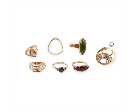 A collection of gem-set rings to include a 9ct gold five stone garnet set ring, a 9ct gold sapphire and paste set ring; a tex