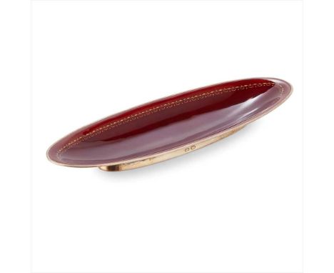 An early 20th century silver gilt and enamel dish spurious Fabergé mark and fineness mark Moscow, circa 1908-26, of elongated