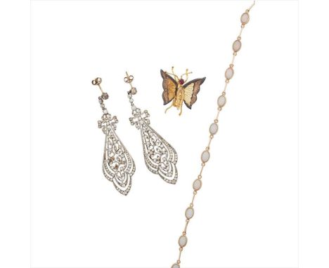 A 9ct gold opal set bracelet collet set with a row of eleven oval opal cabochons, to knife bar links; together with a gem and