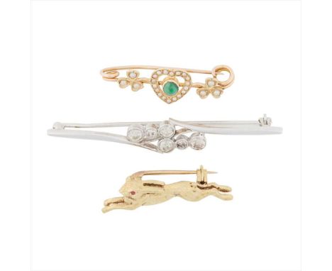 A 9ct novelty brooch modelled as a leaping hare, textured finish, with a ruby set eye; together with a diamond set bar brooch