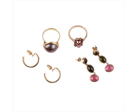 A collection of gem set jewellery to include a pair of cabochon pink and green tourmaline pendant earrings, to post and butte