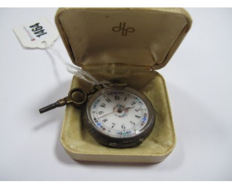 Ladies Silver Cased Fob Watch, stamped "800 D.F. & C", having floral decoration to white enamel dial.